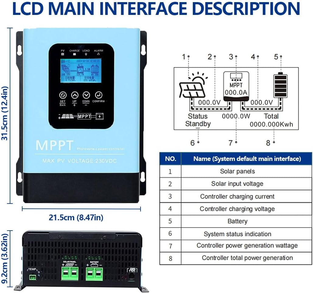 120A MPPT Solar Charge Controller,12V 24V 36V 48V 60V 72V 84V 96V Solar Battery Regulator PV Max 230V for Sealed Lead Acid Gel and Lithium Battery