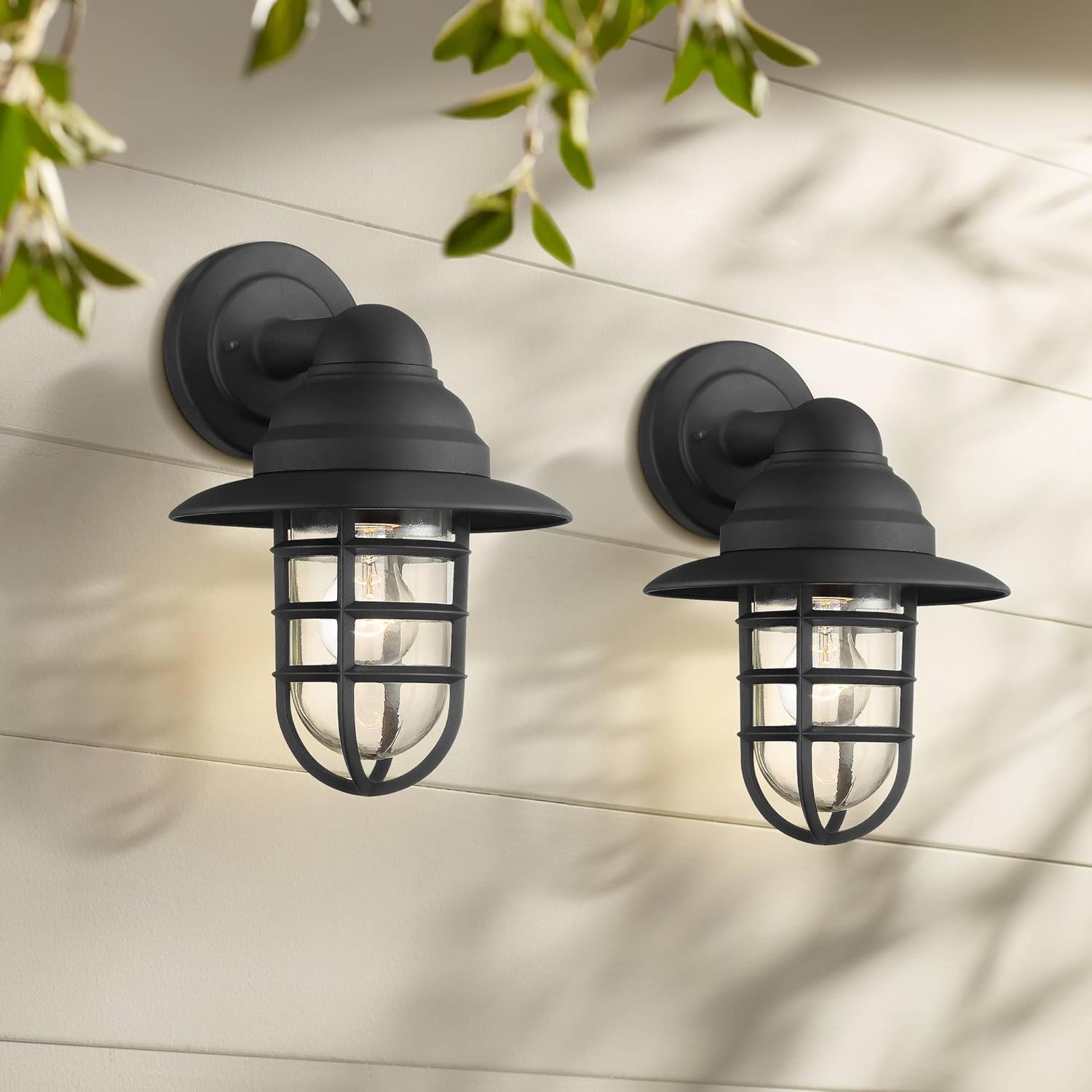 John Timberland Marlowe Rustic Industrial Nautical Outdoor Wall Light Fixtures Set of 2 Black Hooded Cage 13