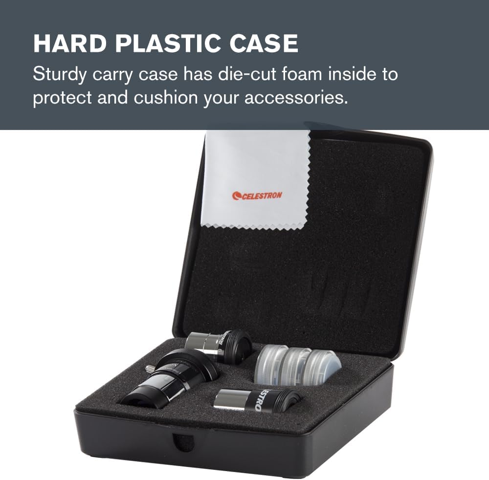 Celestron AstroMaster 8-Piece Eyepiece & Filter Accessory Kit - Includes Two 1.25” Eyepieces, 2X Barlow Lens, Three Filters, Cleaning Cloth and Hard Case Black