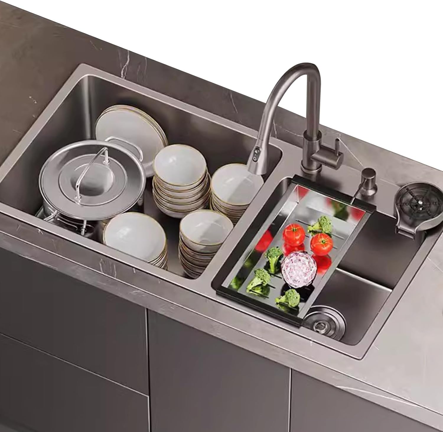 Kitchen Sink Tap,Stainless Steel Sink Gray Large Double Bowl Sink Kitchen Sink Pullout Faucet Glass Washer and Other Accessories Included，82x45x20cm
