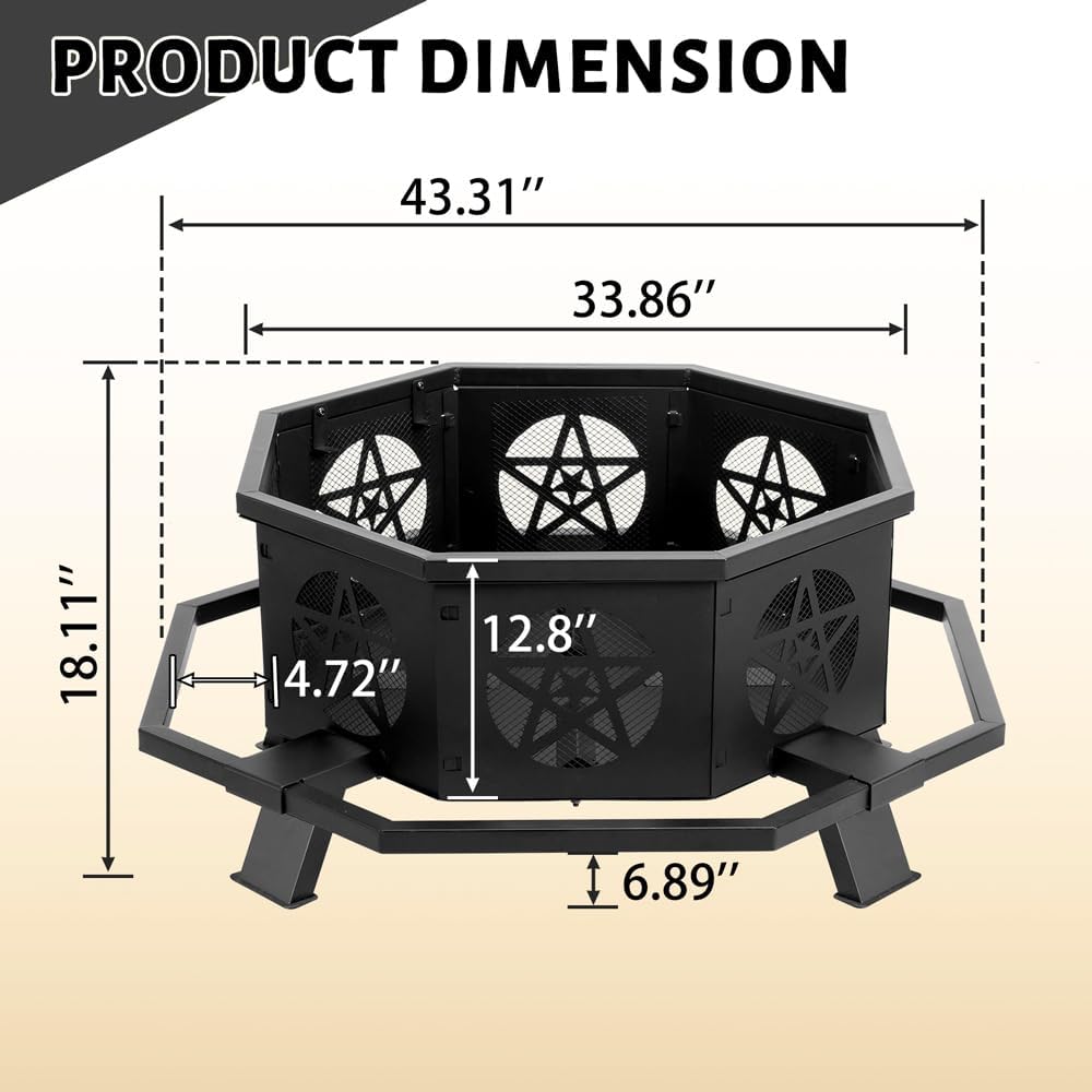 43 inch Fire Pit, Outdoor Octagonal Firepit, Heavy Duty Wood Burning Fire Pits with Star Ventilation Mesh, Outdoor Heating and Grilling, for Bonfire, Backyard, Camping, Patio, Picnic (Black, 43in)
