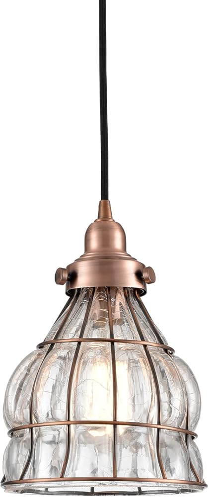 YUBOLE Vintage Cracked Glass Wire Cage Hanging Pendant Light, Red Antique Copper