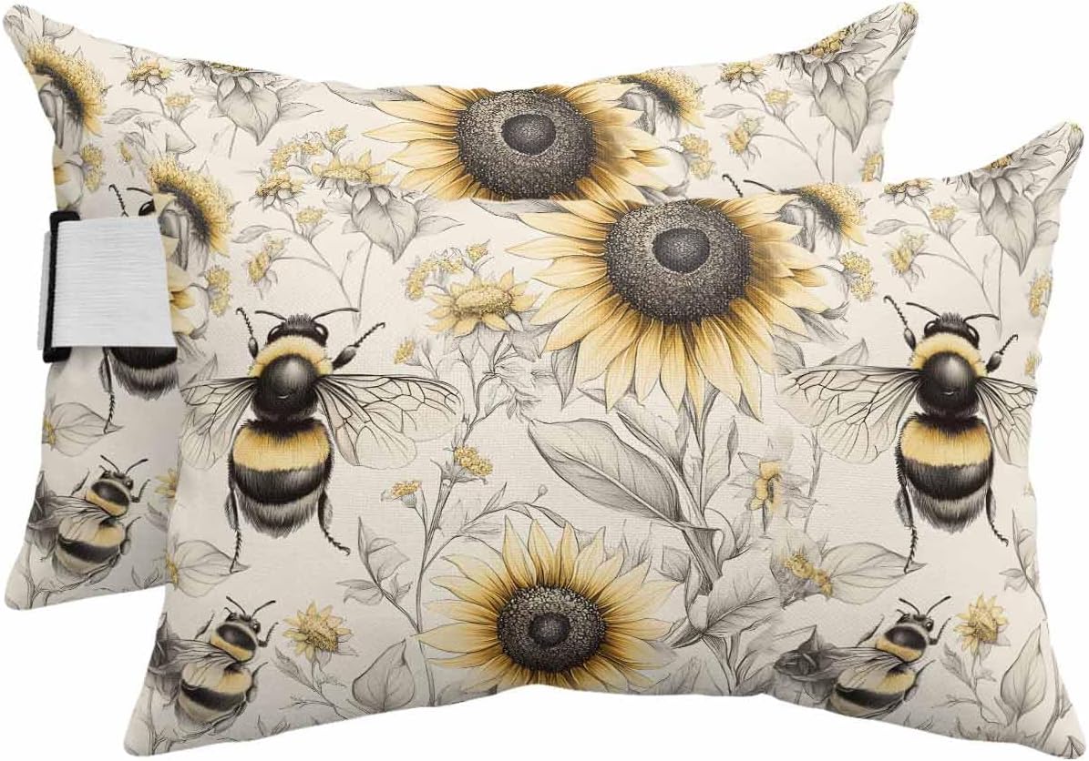 Outdoor Pillow for Chaise Lounge Chair Sunflower Bees Waterproof Lumbar Pillow with Insert Retro Art Headrest Pillow with Adjustable Elastic Stripe for Recliner Beach Garden Patio 12x20 Inch