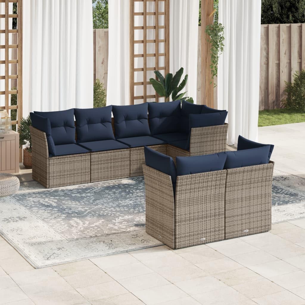 7 Piece Patio Sofa Set with Navy Blue Cushions, Gray Poly Rattan Outdoor Furniture, Modular Design for Backyard, Terrace, Balcony