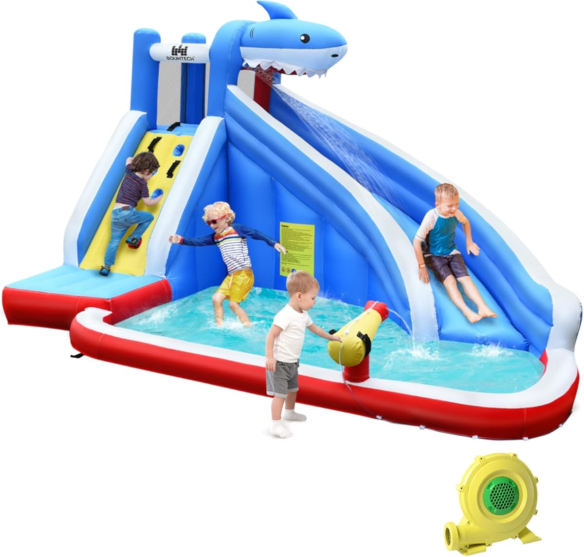 BOUNTECH Inflatable Water Slide, Shark Water Slide Park Jump Castle Bounce House w/Climbing, Water Cannon, Splash Pool, Blower, Backyard Party Outdoor Blow up Shark Water Slides Inflatables for Kids