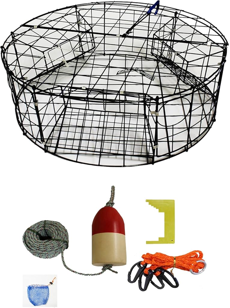 KUFA Vinyl Coated Round Crab Trap & Accessory Kit (100' Lead CoreRope, Clipper,Harness,Bait Case & 11