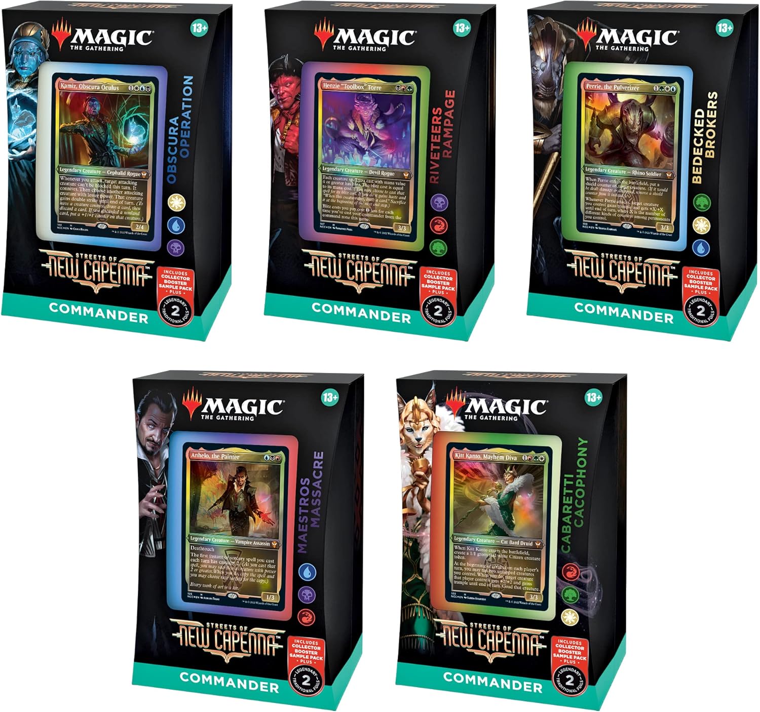 Magic: The Gathering Streets of New Capenna 5 Commander Deck Bundle – Includes 1 Obscura Operation, 1 Maestros Massacre, 1 Riveteers Rampage, 1 Cabaretti Cacophony, 1 Bedecked Brokers