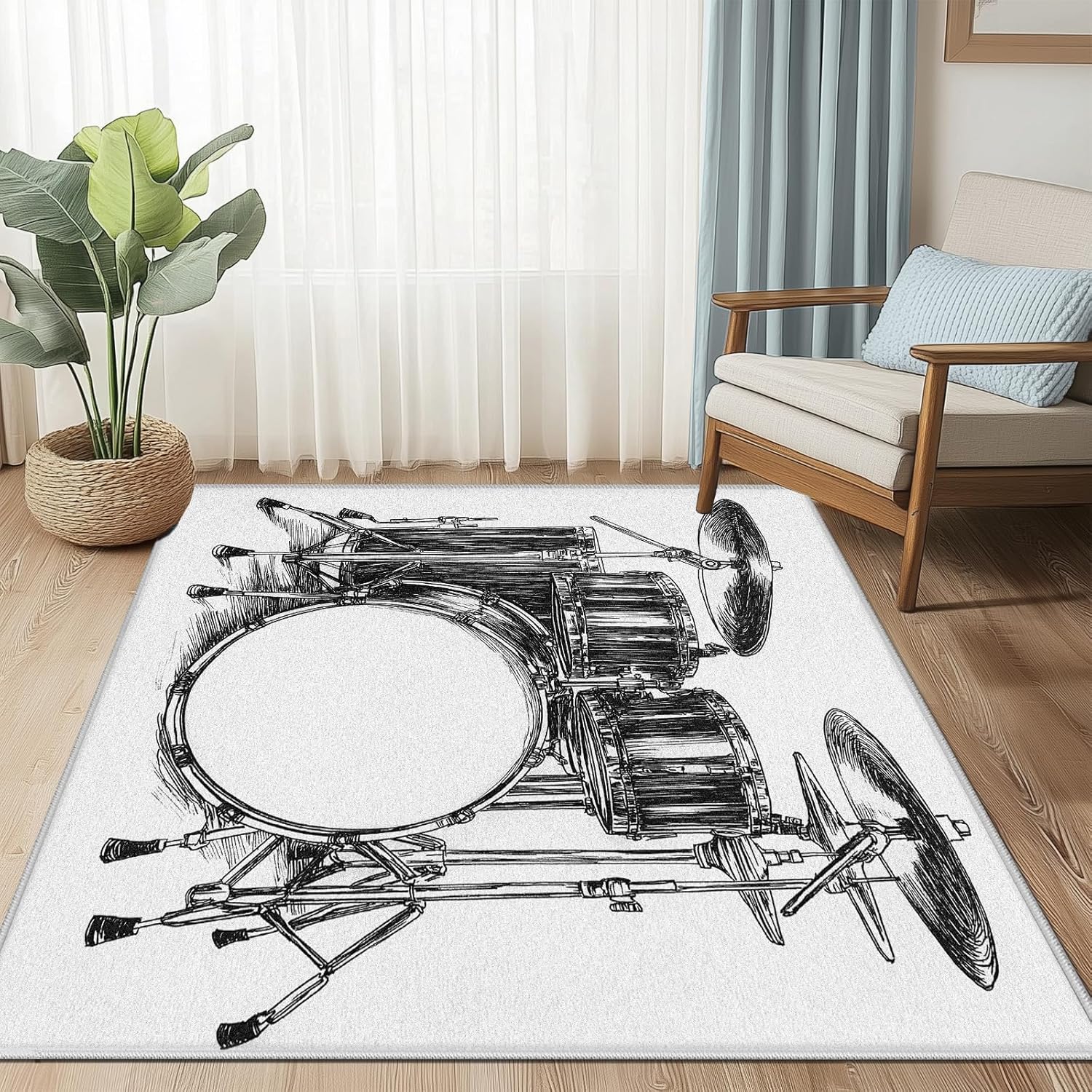 Drum Set Carpet for Bedroom, Sketch Music Theme Large Rug for Living Room, Musical Instrument Area Rug 8x10 ft Low Pile Soft Non Slip Machine Washable Rugs for Playroom Office Nursery Dorm