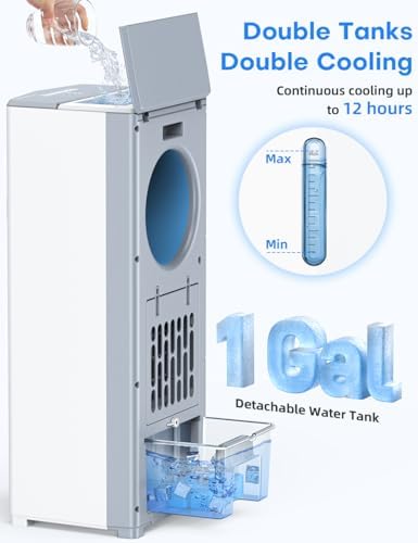 27 INCH Evaporative Air Cooler, Bladeless Windowless Air Conditioners w/4 Modes & 3 Speeds, 1 Gallon Double Tanks for 12H Cooling, 360°Auto Swing, 20ft Remote Control,7H Smart Timer, 4 Ice Packs