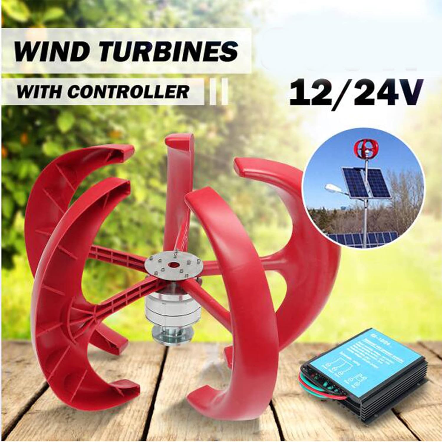 3000W Vertical Wind Turbine Generator,Permanent Magnet Lantern Vertical Wind Turbine Kit with Controller for Home(12V 24V 48V 5 Blades)