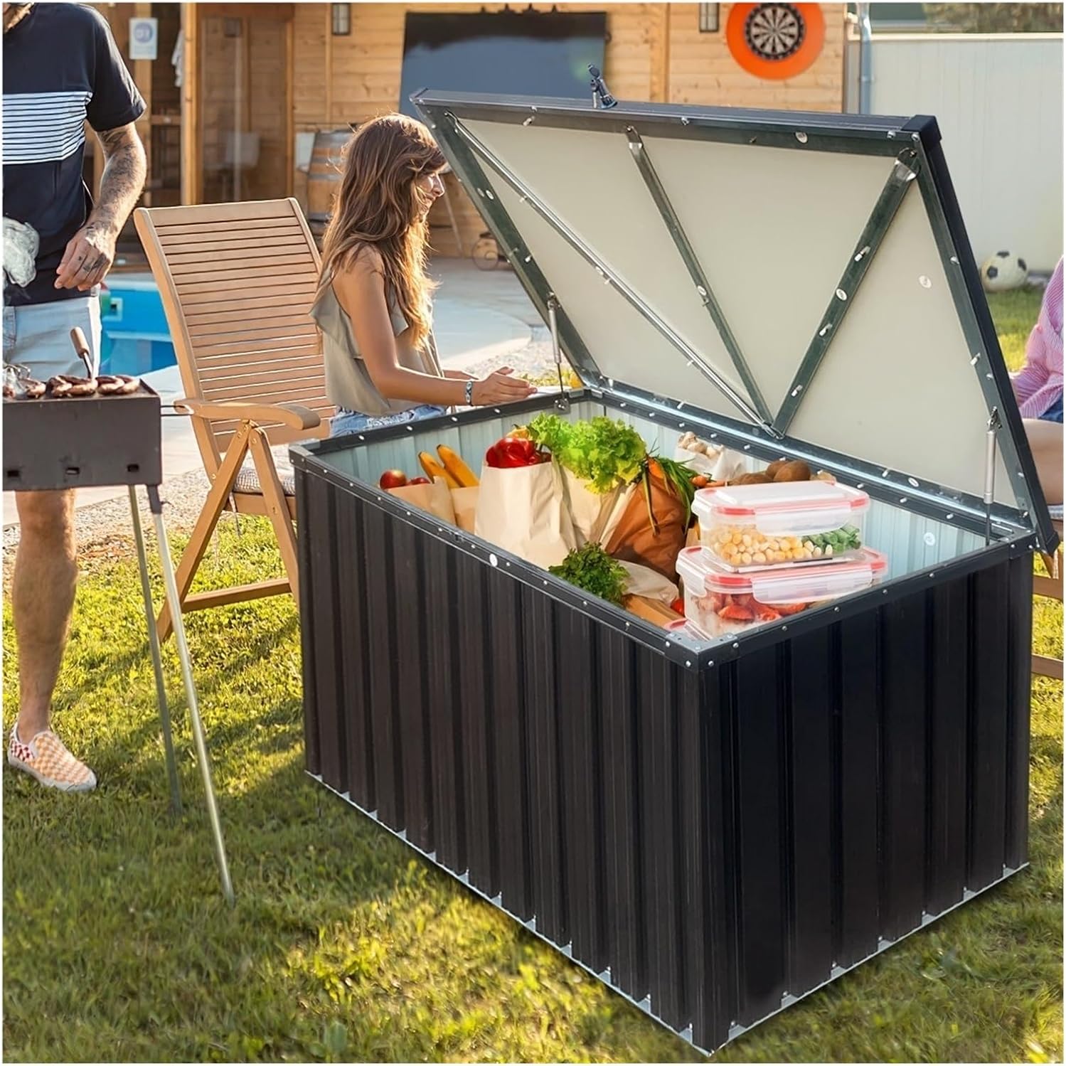 160 Gallon Metal Storage Box Store,Outdoor Storage Deck Box, Storage Bench Large Patio Storage Bin for Outside Cushions, Garden Tools, Pool Accessories