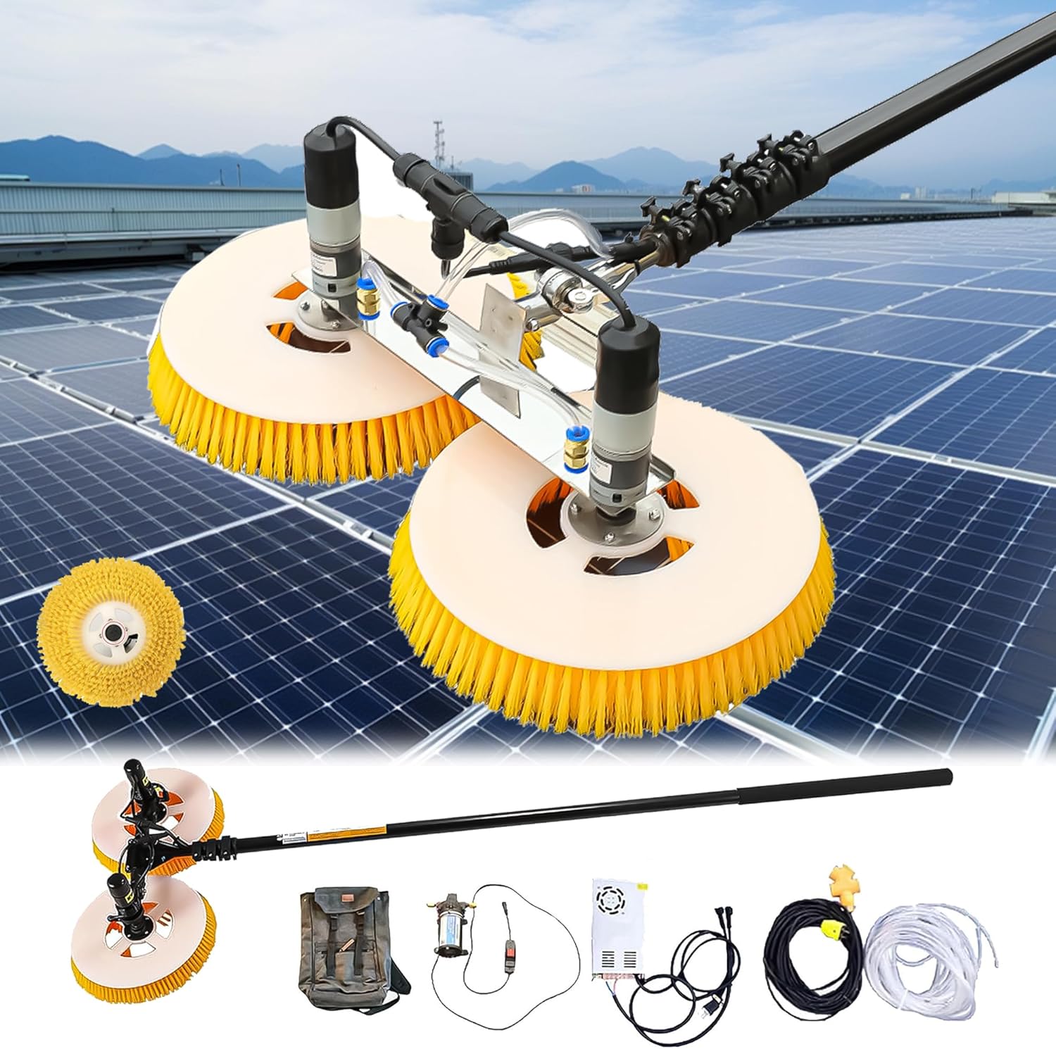 Multifunctional Electric Solar Panel Cleaner with Rotating Double Brush Head, Water Fed Pole Kit for PV Panel Washing, House Siding, Pool Tiles & Outdoor Surface Cleaning, Dual/Single Double Head 8m