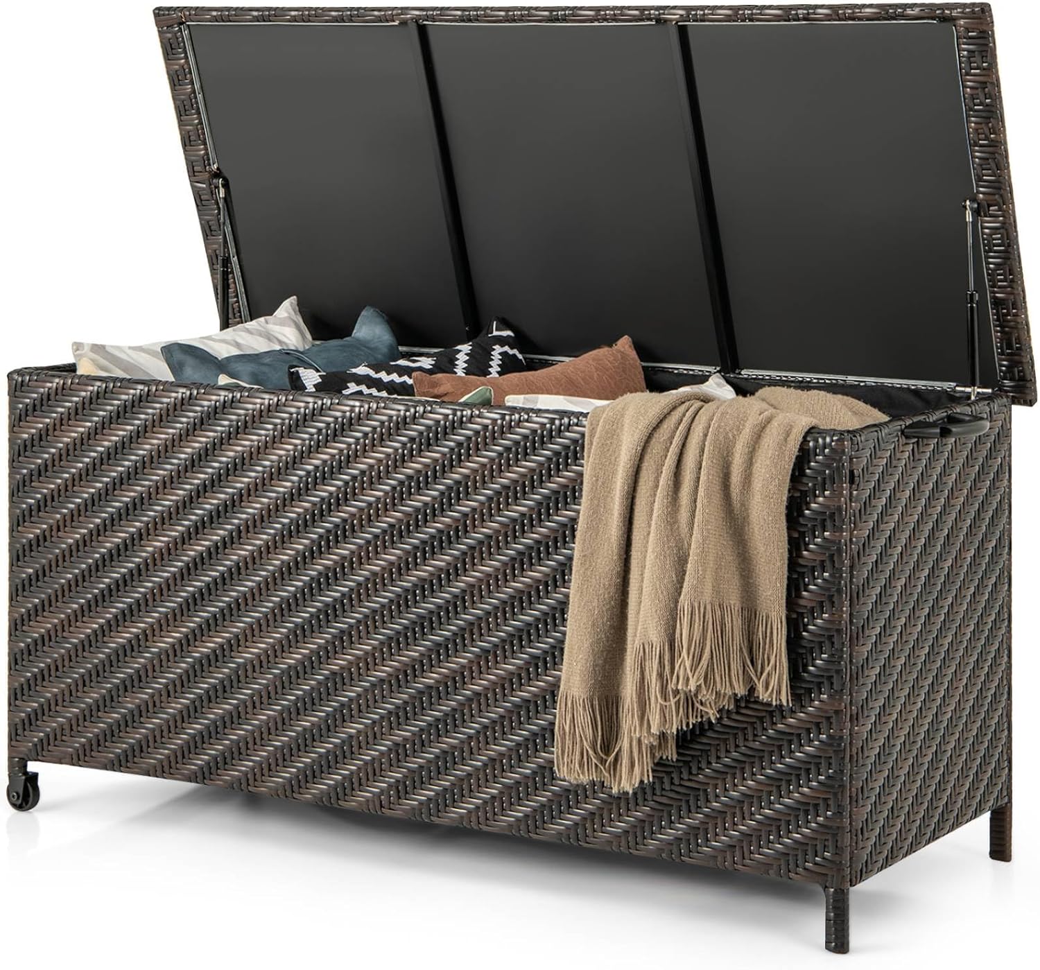 TANGZON 320L Garden Deck Box, Patio Cabinet Container with Polyester Liner, Universal Wheels & Gas Strut, Indoor Outdoor Storage Box for Pillows, Cushions & Tools (with Tightly-Woven Rattan, Brown)