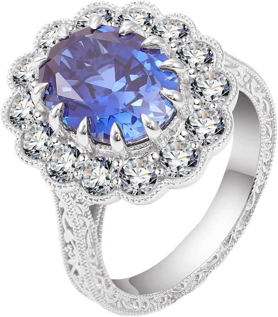 Flower Ring Women, Engagement Ring Vintage Created Sapphire Silver Band 9K White Gold for Wedding