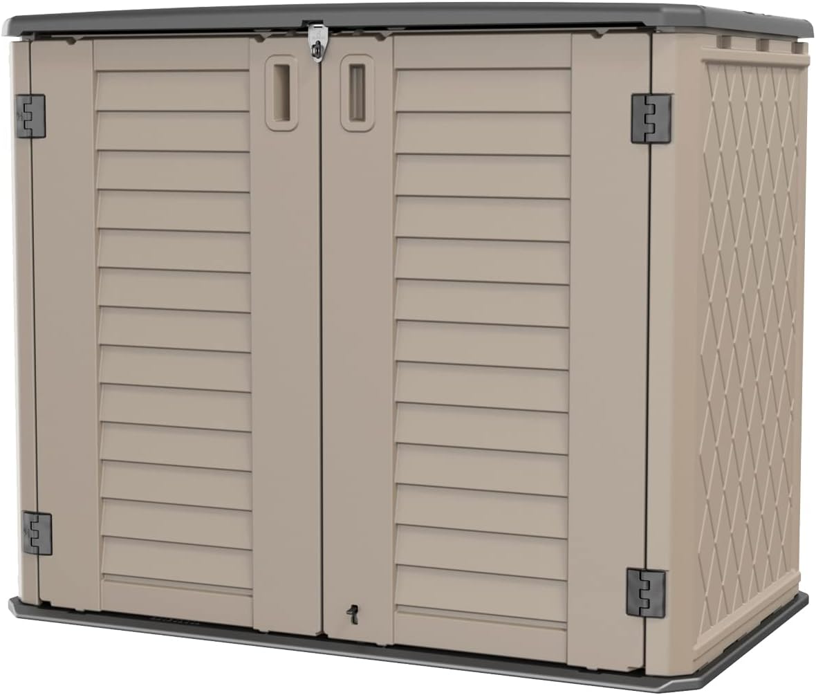 KINYING Outdoor Storage Shed - Horizontal Storage Box Waterproof for Garden, Patios, Backyards, Multi-Opening Door for Easy Storage of Garbage Cans, Tools, Lawn Mower, 26 Cubic Feet,Brown