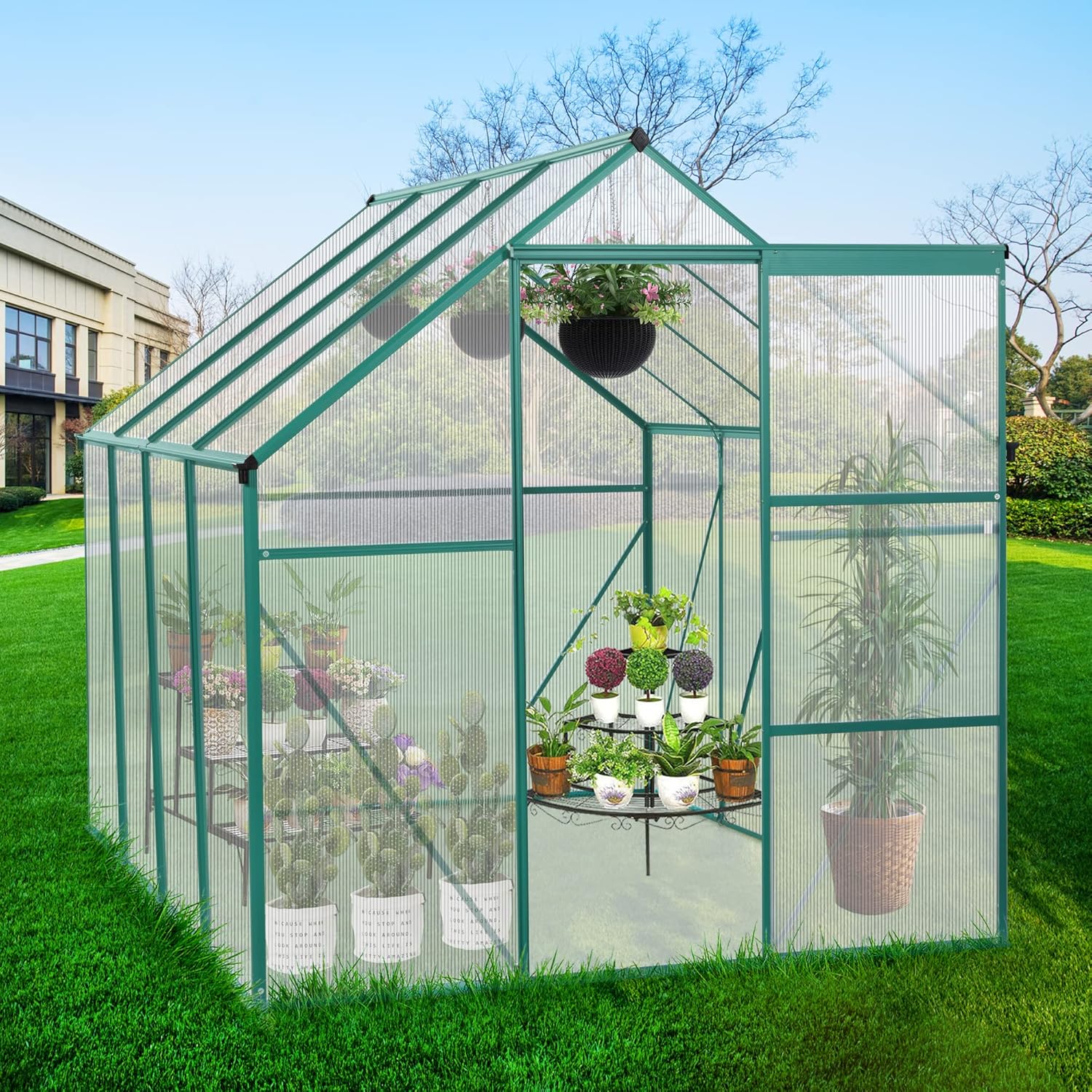 6x8FT Polycarbonate Walk-in Greenhouses, Heavy Duty Hobby Green House, Storage Shed with Sliding Doors & Adjustable Roof Vent, Aluminum Sunroom Hot House for Outdoor Garden Backyard