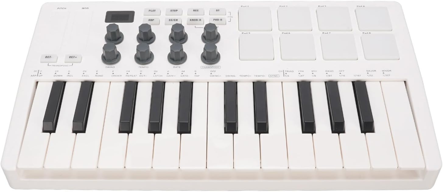 ZJchao 25 Key Portable MIDI Keyboard Controller with 8 Backlit Drum Pads for Music Production ABS Silicone Black