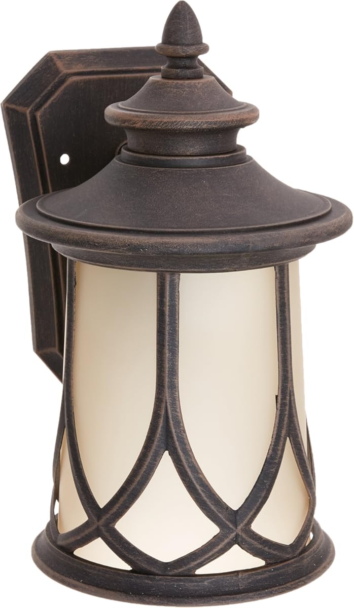 Resort Collection 1-Light Etched Umber Glass Craftsman Outdoor Small Wall Lantern Light Aged Copper