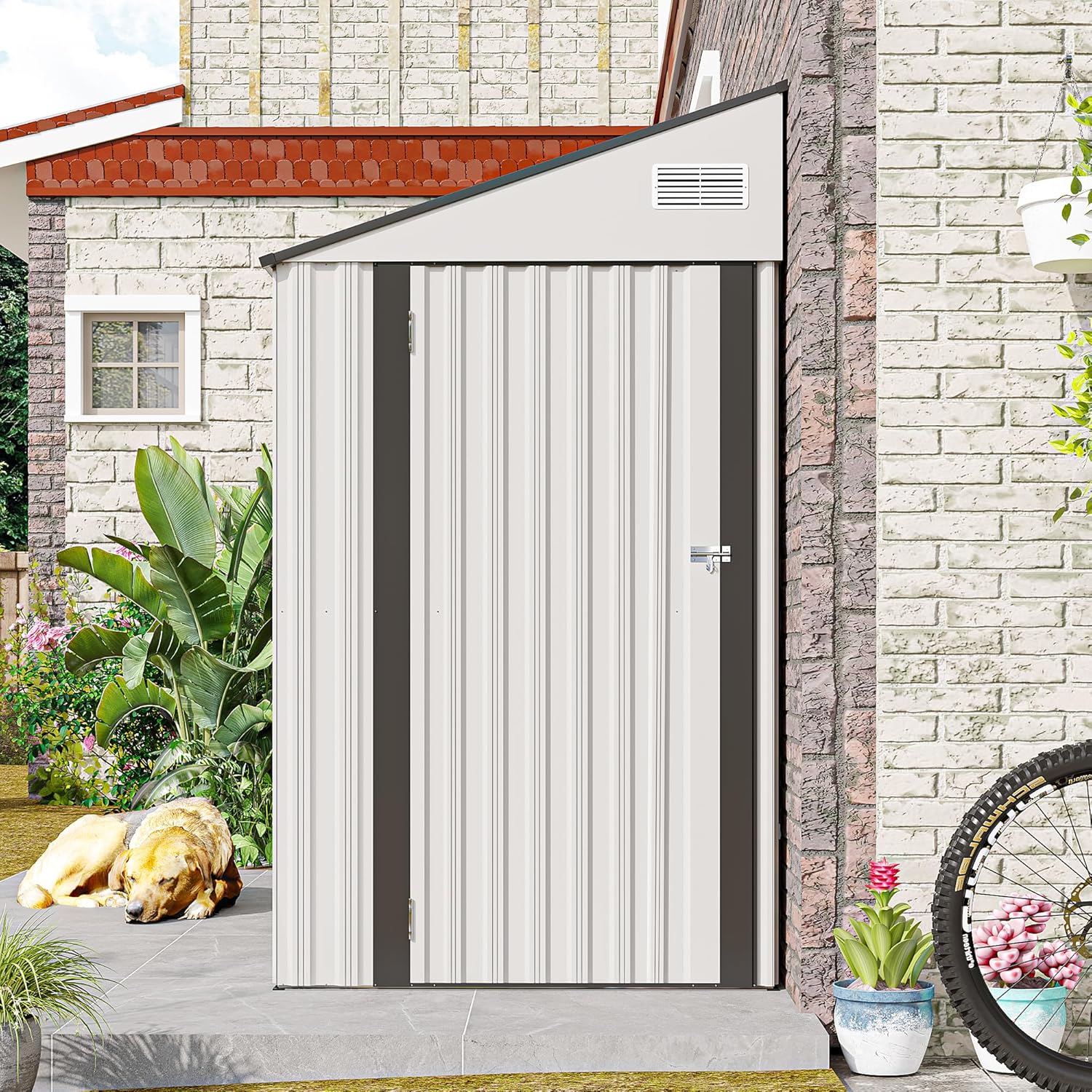 4x9 FT Outdoor Storage Shed, Lean to Shed with Lockable Hinged Door, Metal Garden Shed with 6 Air Vents, Outside Tool Shed with Sloped Roof, Waterproof Storage Building for Backyard, Patio, White