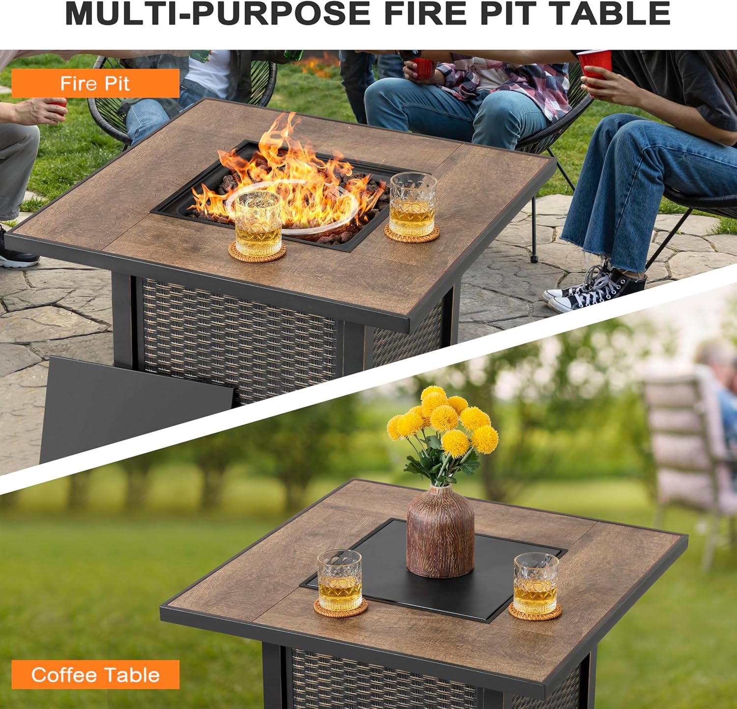 Nuu Garden 30” Propane Fire Pit, CSA-Listed Outdoor Fire Pit Table, 50,000 BTU Gas with Lid and Lava Rocks, 2-in-1 Square Fire Pit for Outside Backyard Patio, Black with Gold Edge
