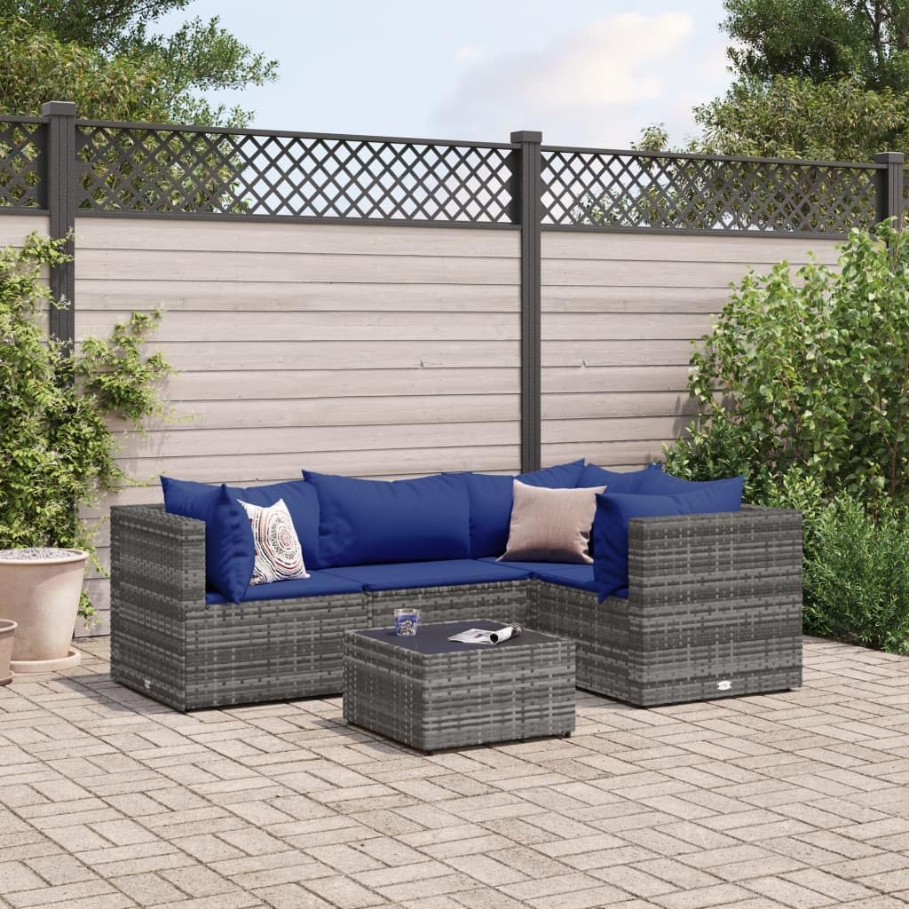5 Piece Patio Lounge Set with Cushions Gray Poly Rattan,Premium Outdoor Garden Lounge Set Durable and Modular Gray PE Rattan Patio Furniture, Outdoor Furniture Sets