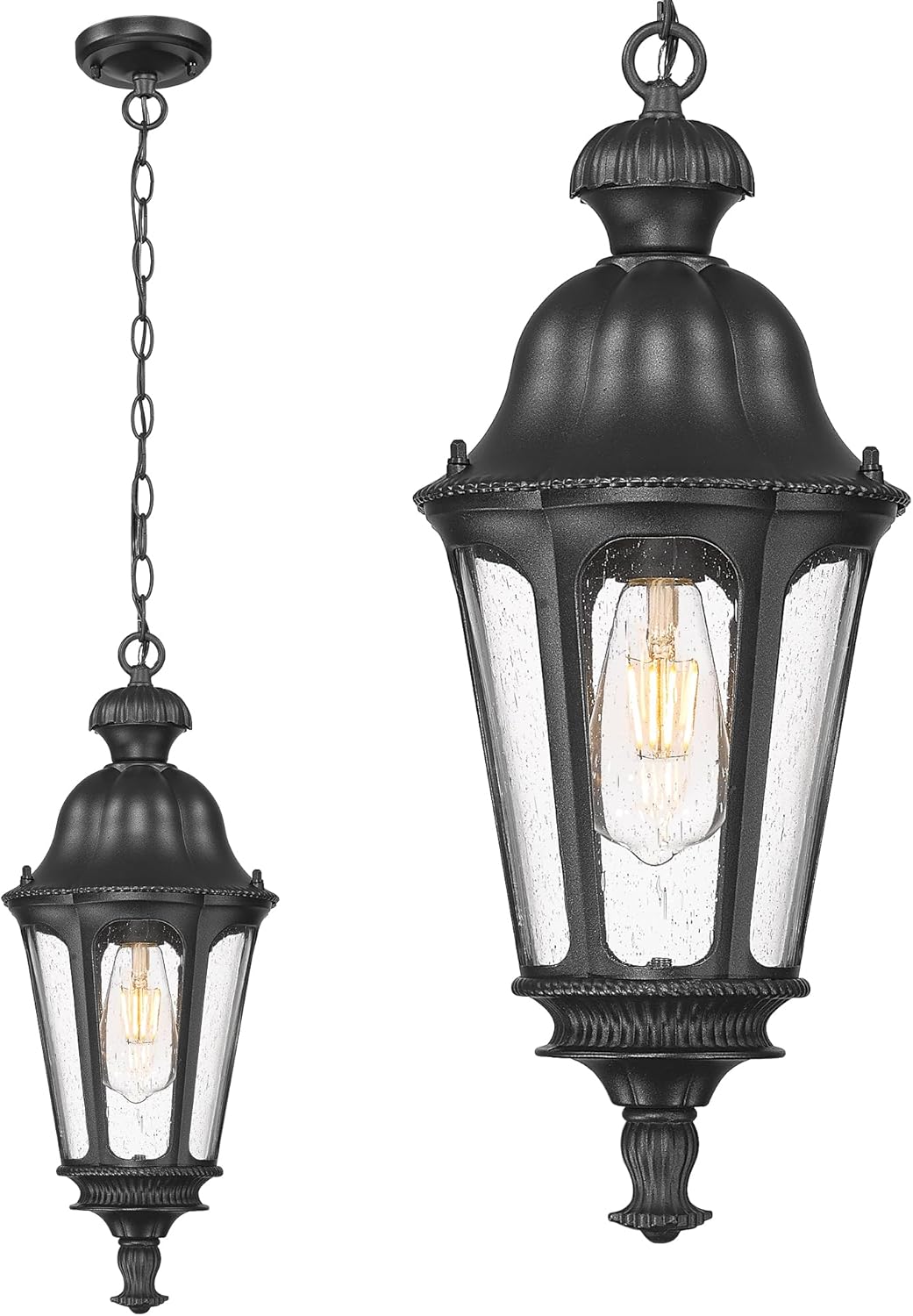 Outdoor Pendant Lights for Porch, HWH 20'' Large Outdoor Chandelier for Gazebo with Seeded Glass, Exterior Hanging Lantern Light Fixtures, Matte Black Finish, 5HW90H-M BK
