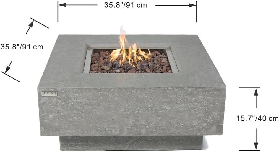 Elementi Manhattan Bundle Outdoor Firepit 36” Propane Firepit Table, Glass Windscreen, Stainless Steel, Tank/Canvas Cover, Floor Mat, Beverage Tub