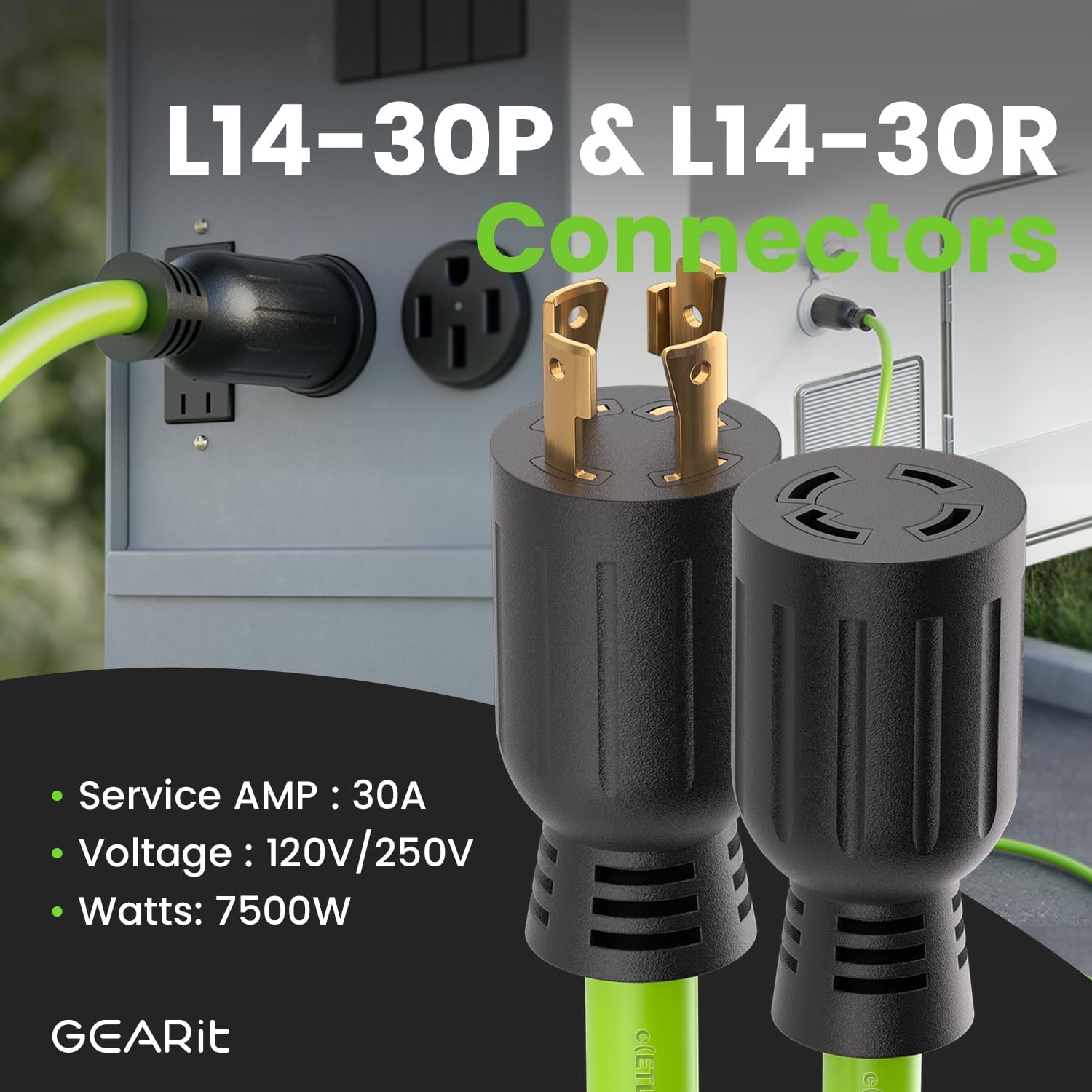 GEARit 30-Amp Generator Extension Cord, 120/250-Volt, 4-Prong, 7500W, NEMA L14-30P/L L14-30R, 10 Gauge SJTW Locking Power Cord for Manual Transfer Switch, Portable Generators, Power, 40 Feet, Green