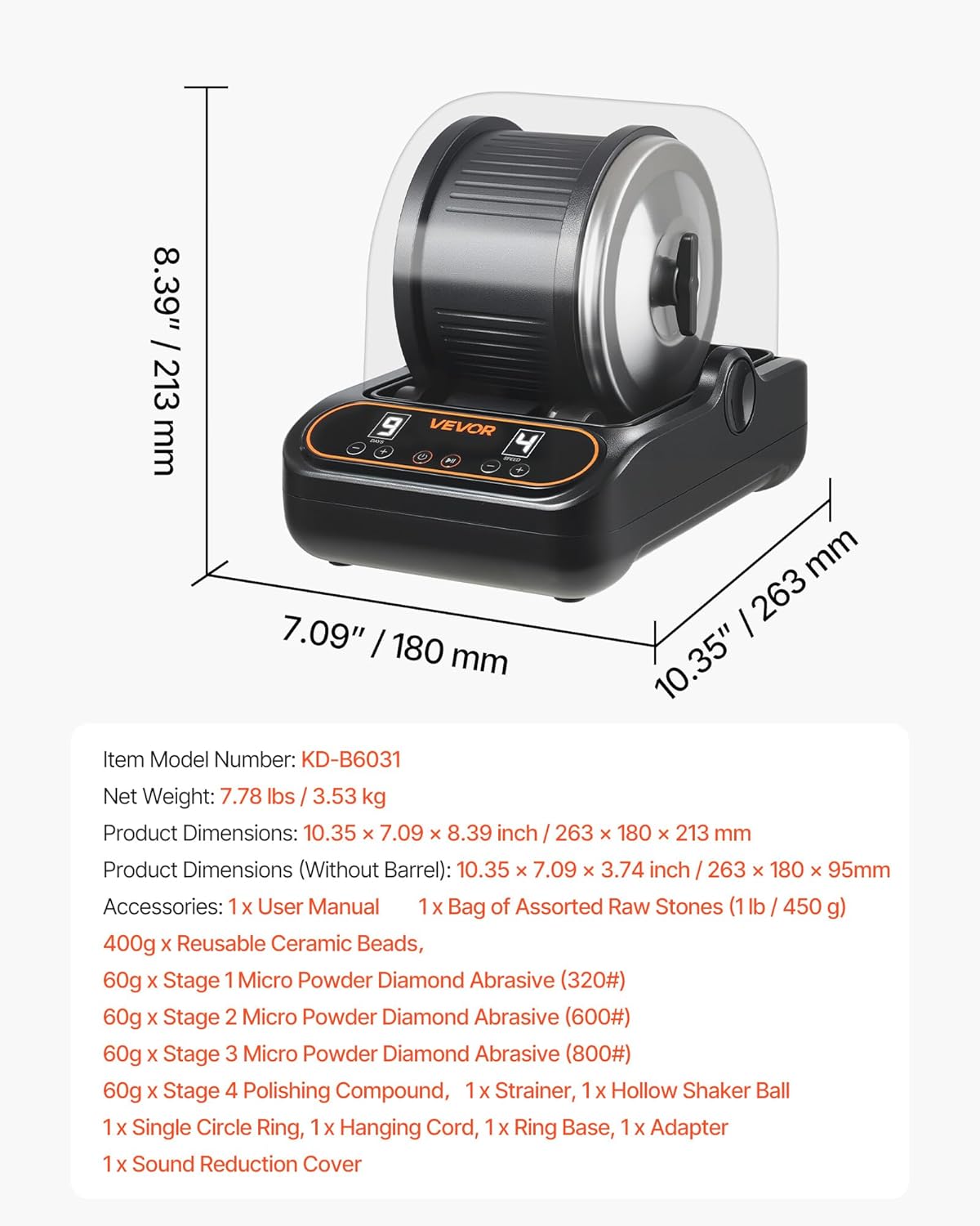 VEVOR Rock Tumbler, 3 lb Rock Polishing Machine, Rocks Tumbling Kit with 4-Speed Adjustment, 1–9 Day Timer, PC Sound Reduction Cover & TPU Drum, Direct Drive Motor Rocks Polishing, Quiet Operation