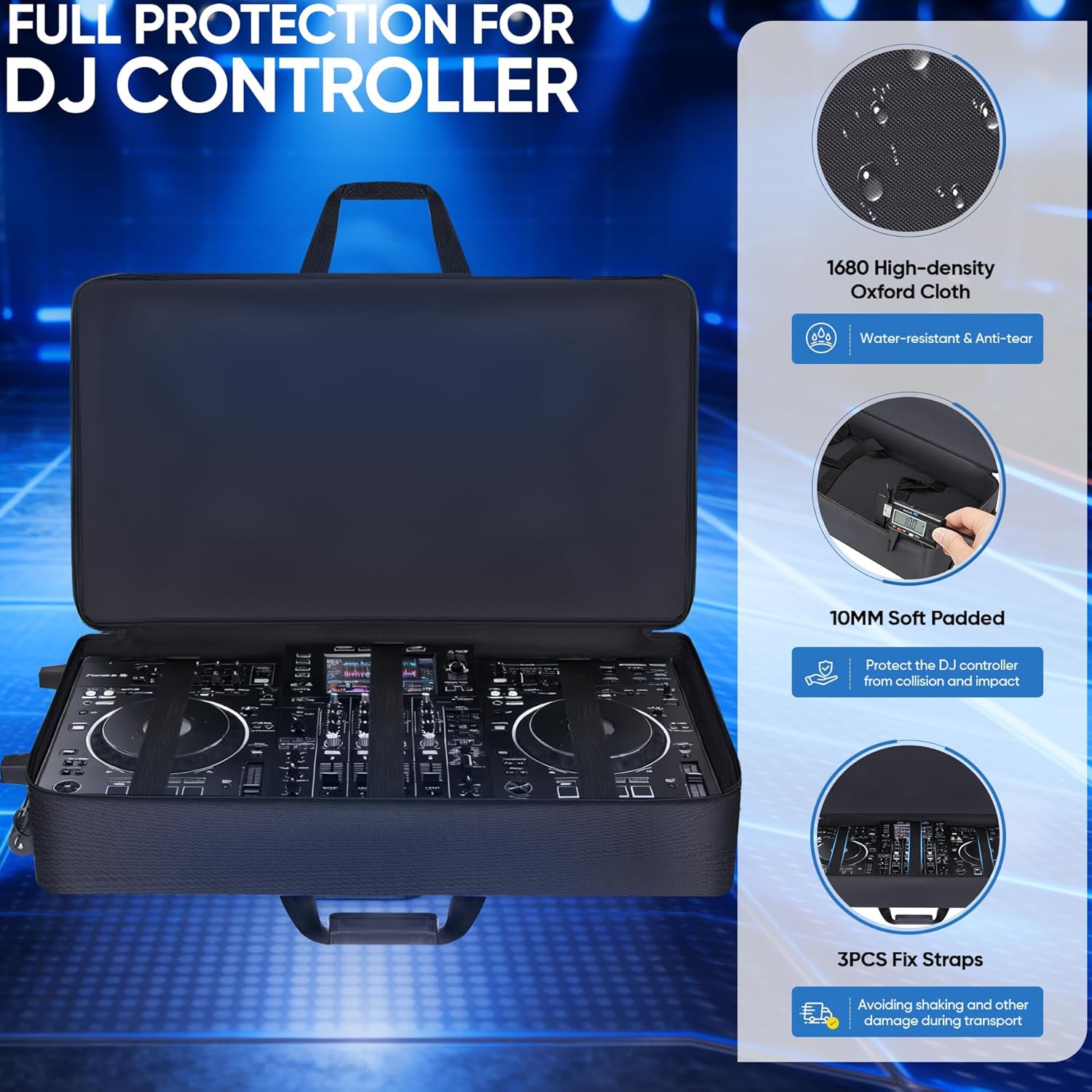 DJ Controller Case with Wheels Compatible with XDJ-AZ/XDJ-XZ/DDJ-SZ/RZ, Rolling DJ Travel Gig Bag with 10MM Soft Padded & Multi-pocket for DJ Controller & Accessories (with Wheels)