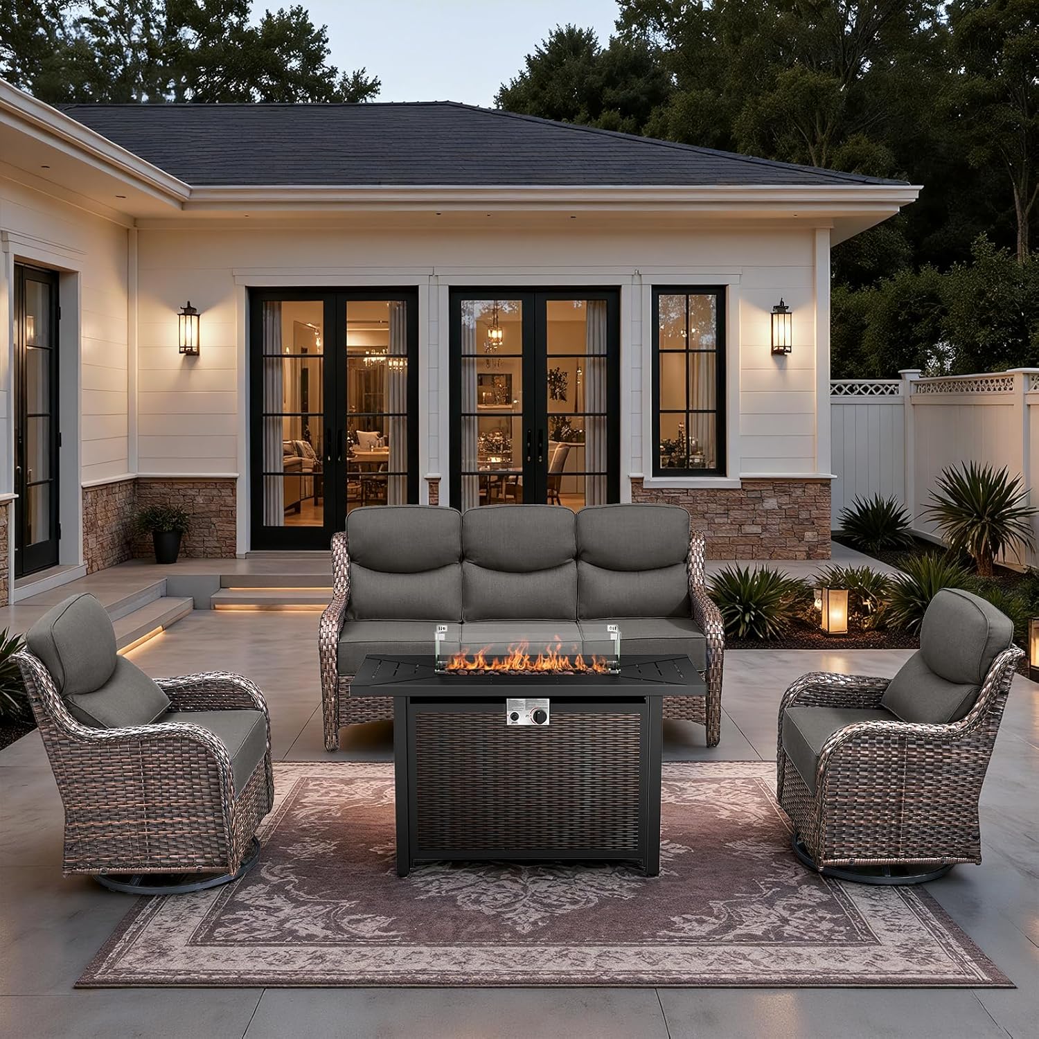 HUMMUH 6 Pieces Patio Furniture Set with Fire Pit High Back Outdoor Furniture Set 6-inch Cushions Wicker Patio Swivel Rocker Chairs for Balcony Garden,Lawn,Deck