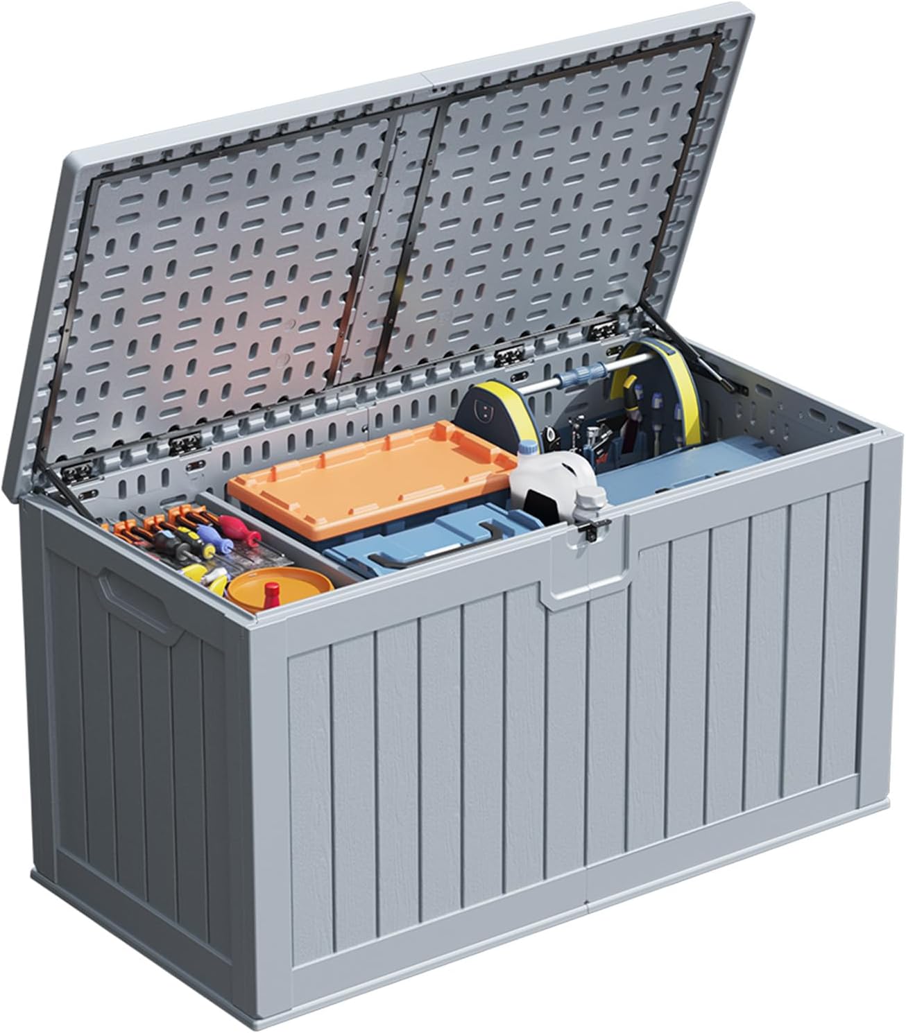 Patiowell 230 Gallon Large Deck Box, Outdoor Lockable Storage Box with Divider, Waterproof and UV-Resistant Deck Box for Patio Furniture and Garden Tools, Grey