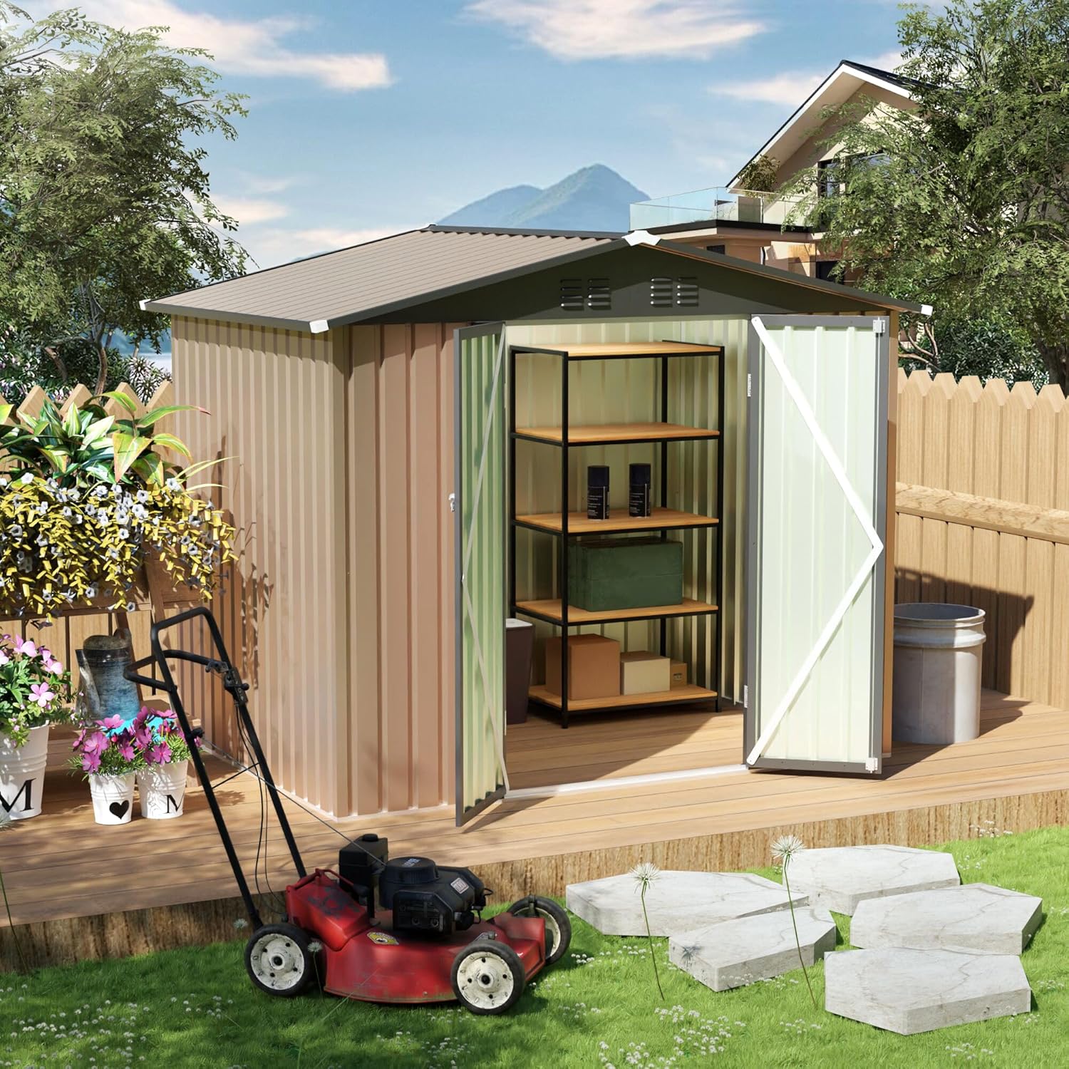 8x6 FT Outdoor Storage Shed,Waterproof Metal Cabinet with Apex Roof and Lockable,Storage Sheds House Shelter w/Vents,Tool House for Storing Bicycles,Lawnmowers,Brown