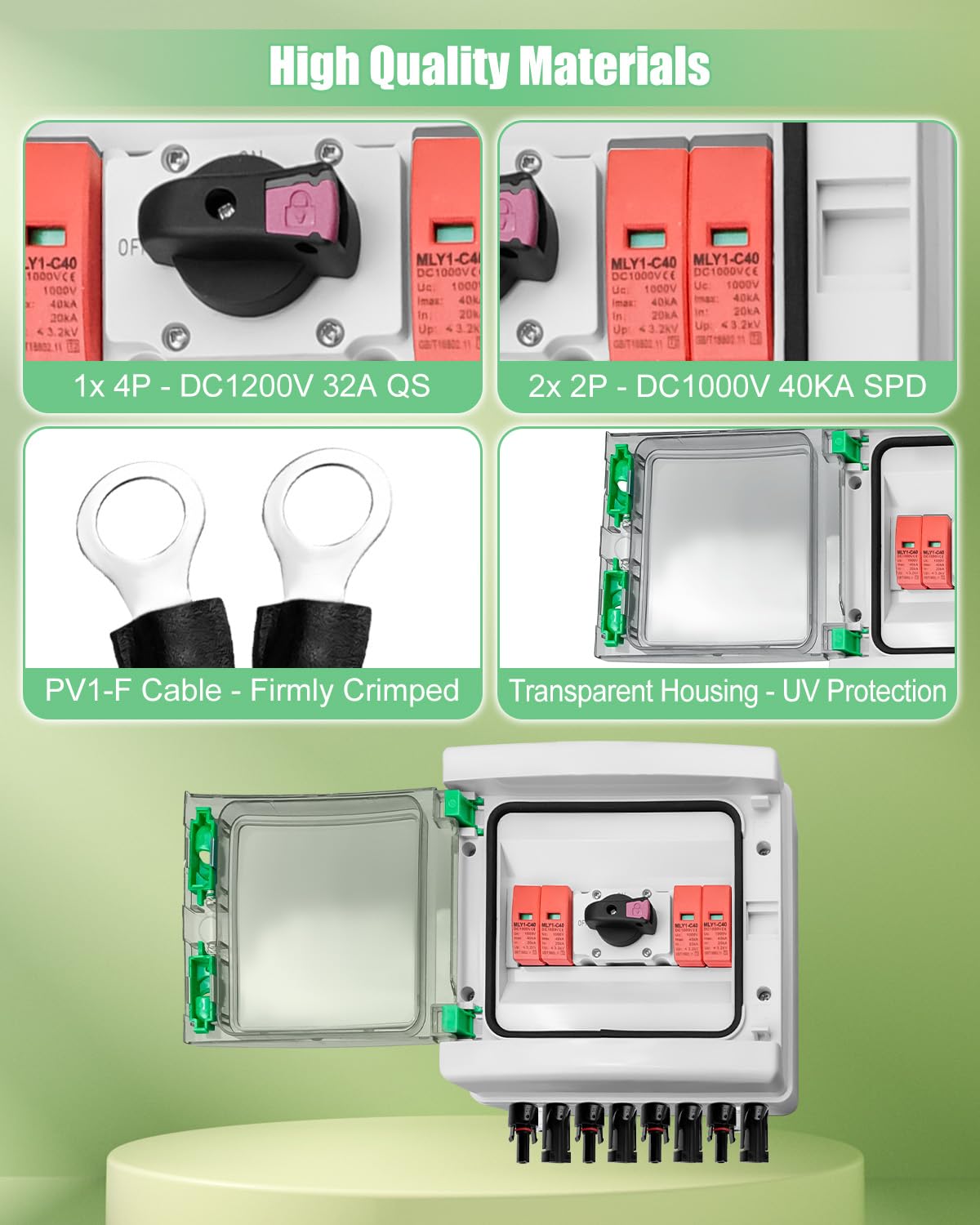 32 Amp 2 Strings Solar Disconnect Switch with DC1000V Lightning Surge Protector Arrester and IP65 Waterproof, 2 in 2 Out Solar PV Combiner Breaker Box for Outdoor Solar Panel System