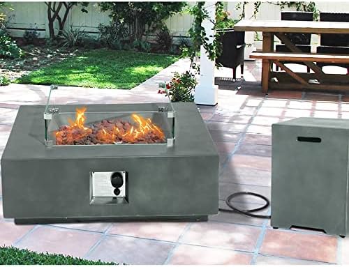SUNBURY Outdoor Propane Fire Pit, Square Dark Green Gas Fire Pit 50,000 BTU, Fire Pit Table w 20 Gallon Tank Cover, Glass Wind Guard, Waterproof Cover, Without Fire Glass