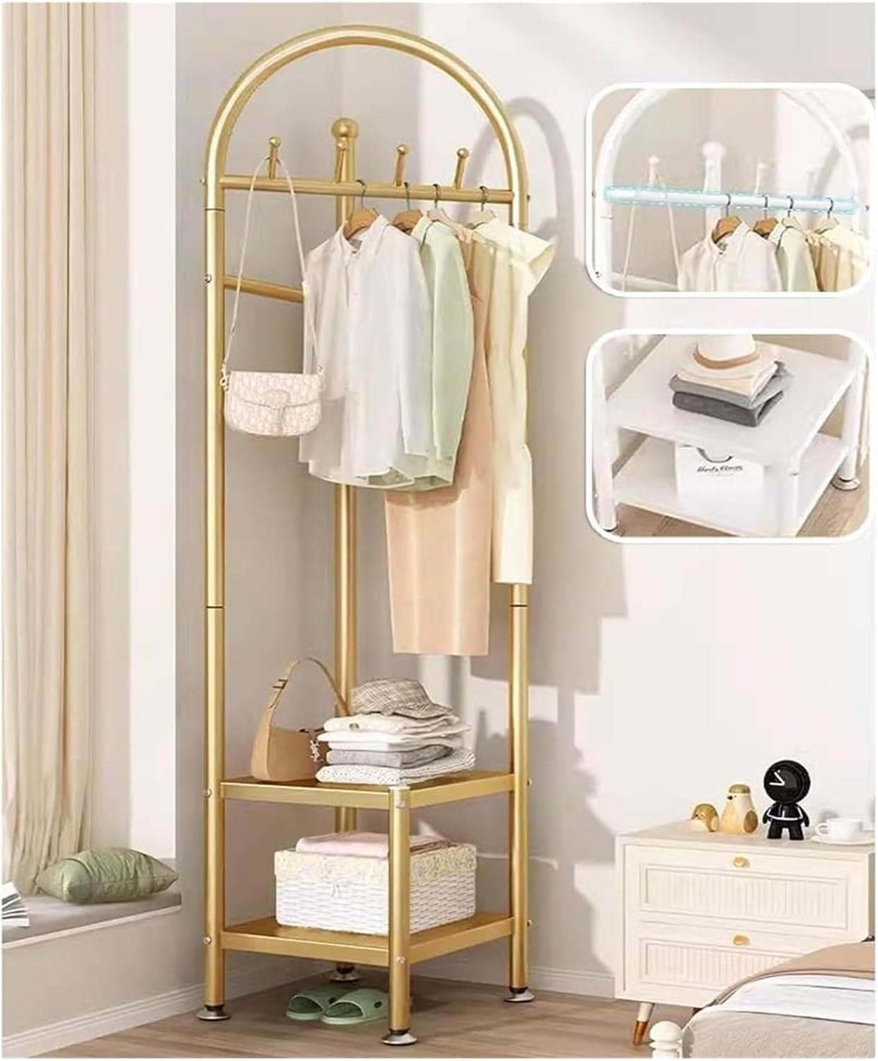 Freestanding Metal Clothes Rail Garment Rack with Storage Basket Corner Coat Rack for Entryway Living Room Bedroom Home Office Gold Size: [Size]
