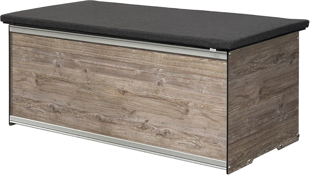 Foreman Waterproof Deck Box - made from Compact Laminate and Anodized Aluminum. Includes a Dark Grey, UV resistant seat Cushion with a washable cover and a Nylon deck box cover, 120 Gallon, Amaretto