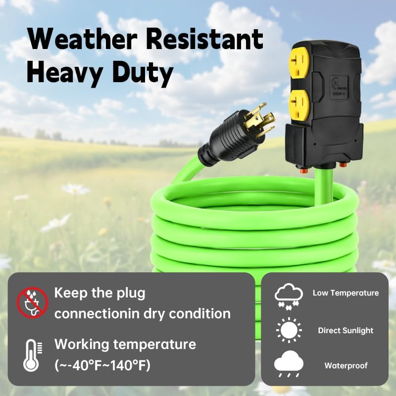 25FT 30 to 20 Amp 110V Generator Distribution Adapter Compatible with NEMA L14-30P to NEMA 4X 5-20R/ 5-15R, 4 Prong 30 AmpGenerator Locking to Four Household Outlet with 20 Amp Circuit Breaker ETL