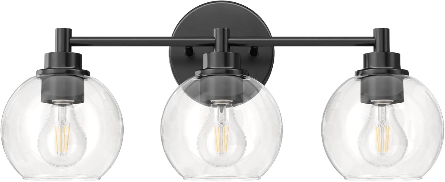 VONLUCE Bathroom Light Fixtures, 3-Light Vanity Light with Globe Glass Shades E26 Sockets, Bathroom Lights Over Mirror for Bedroom Hallway Living Room, Black Finish