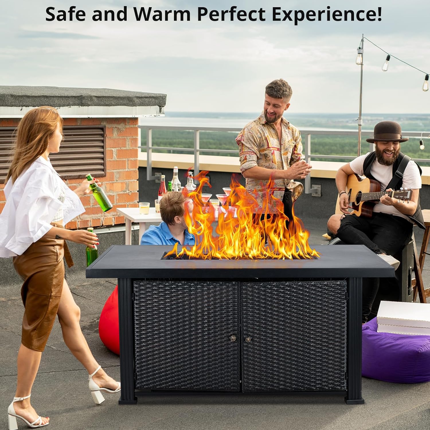 Outdoor Propane Fire Pit 52inch, PioneerWorks Propane Fire Pit Table 50000BTU Gas Fire Pit Table with Cover & Rain Cover, Rectangle Gas Firepit Table for Patio Deck Garden Backyard