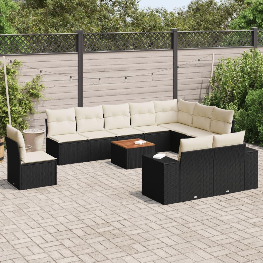 11-Piece Garden Sofa Set Black, Cream White Poly Rattan Outdoor Furniture, Modular Patio Dining Sets with Storage, Durable Cushions for Balcony, Terrace