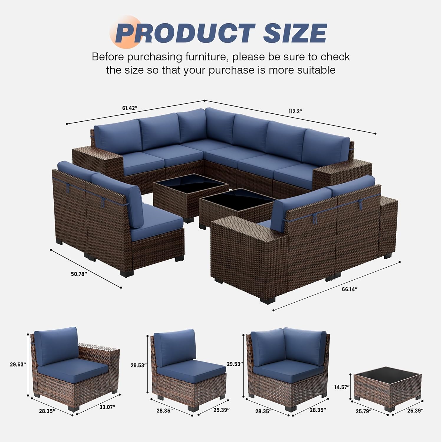Amopatio 12-Piece Outdoor Sectional Furniture Set Brown Rattan Wicker Sofa Set with Glass Top Table and Waterproof Covers,Navy Cushions