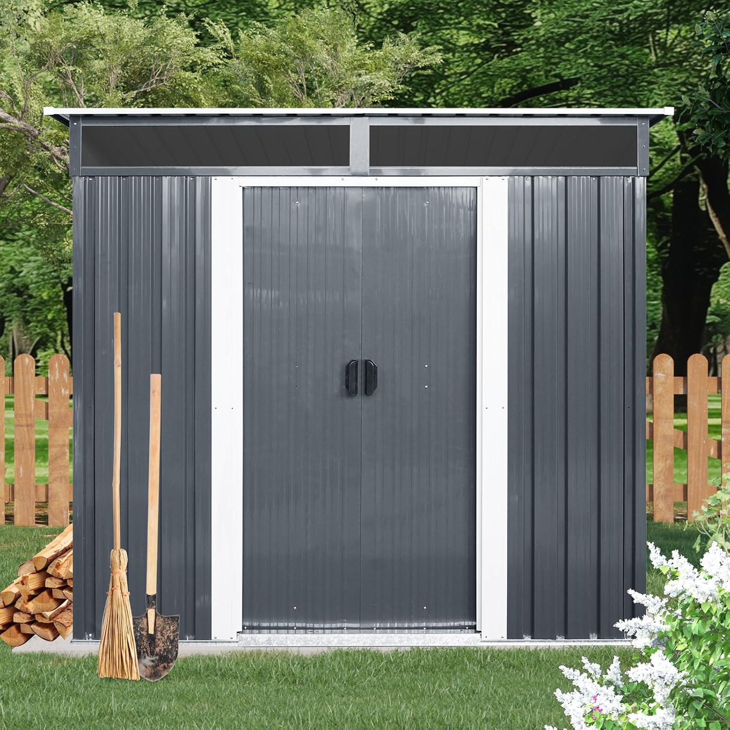 6x5 FT Outdoor Storage Shed, Metal Garden Shed with Frame Floor, Outside Tool Shed with Window, Waterproof Storage Building with Lockable Sliding Doors & Sloped Roof for Backyard, Patio, Lawn, Black