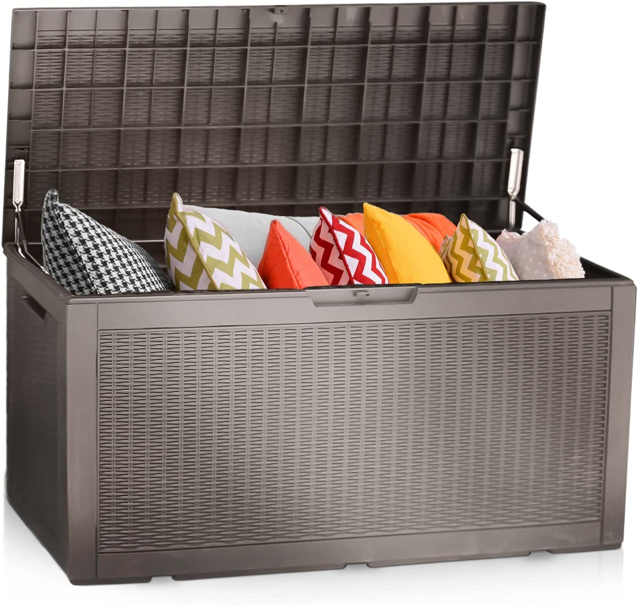 100 Gallon Deck Box Waterproof Outdoor Storage Box, Large Resin Storage Bench for Patio Furniture Outdoor Cushions, Pool Accessories, Toys and Garden Tools, Lockable, Tan