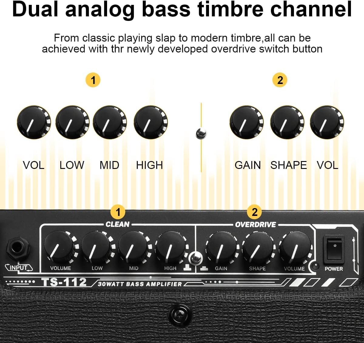 TS112 Bass Guitar Amp 30W Electric Guitar Bass Combo Amplifier with Onboard Clean and Distortion Overdrive Dual Tone Switching Practice.