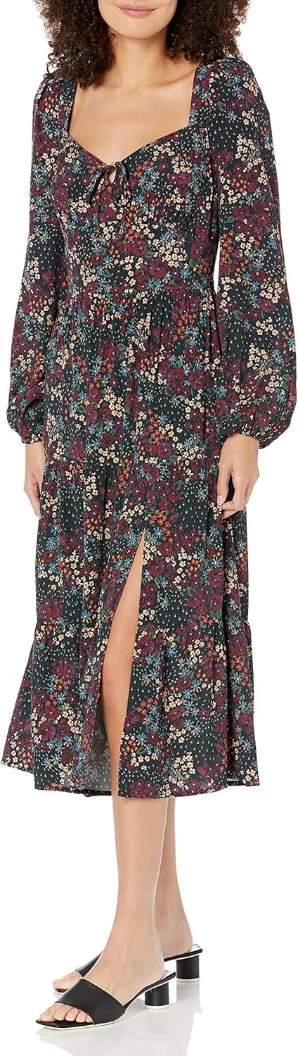 Paige Womens Josefina Dress Midi Long Sleeve Sweethear Neckline in Black Multi