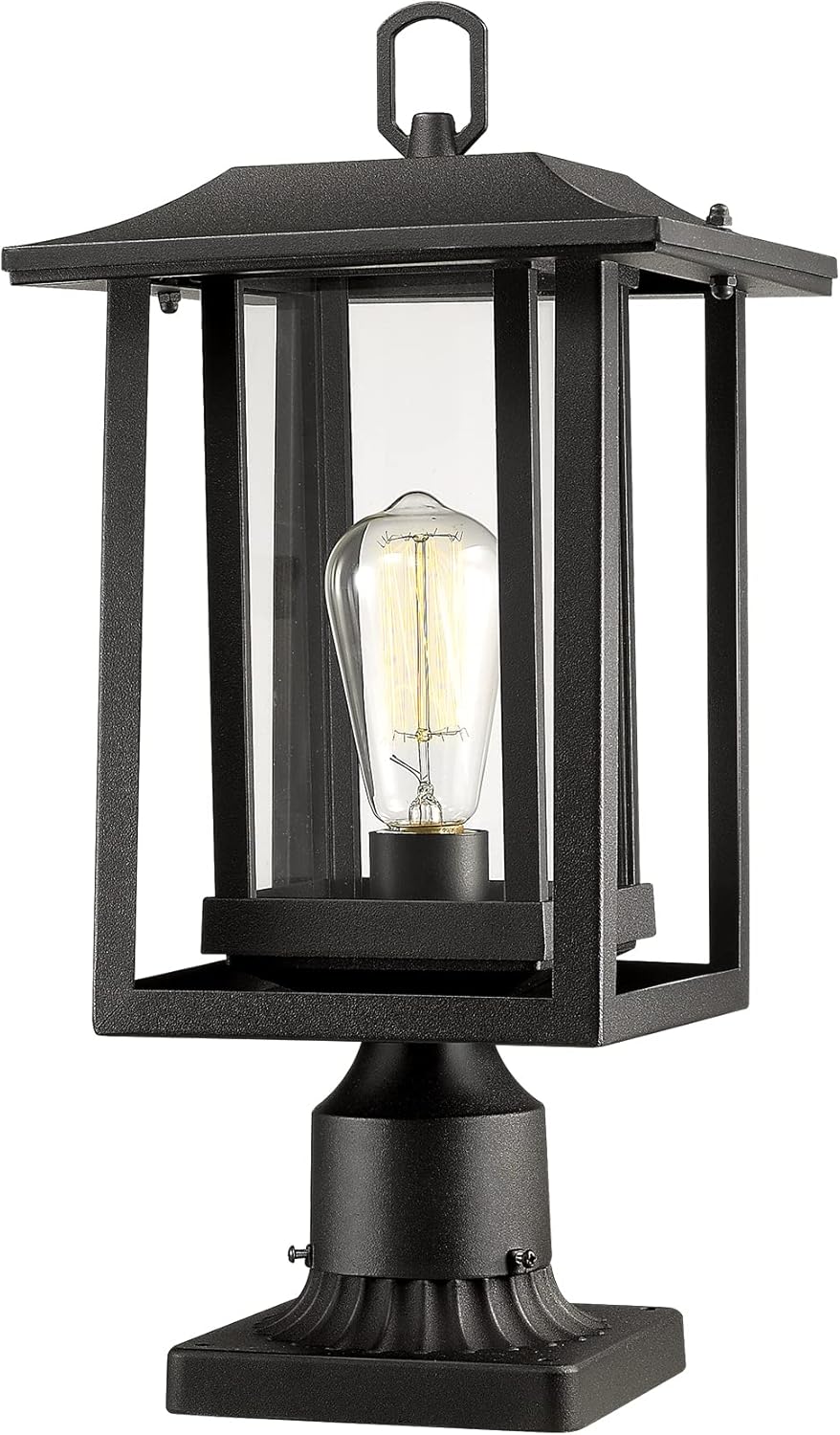 Beionxii Outdoor Post Light, Large Exterior Lamp Post Light Pier Mount Lantern with Base, Black Cast Aluminum w/Clear Glass (19