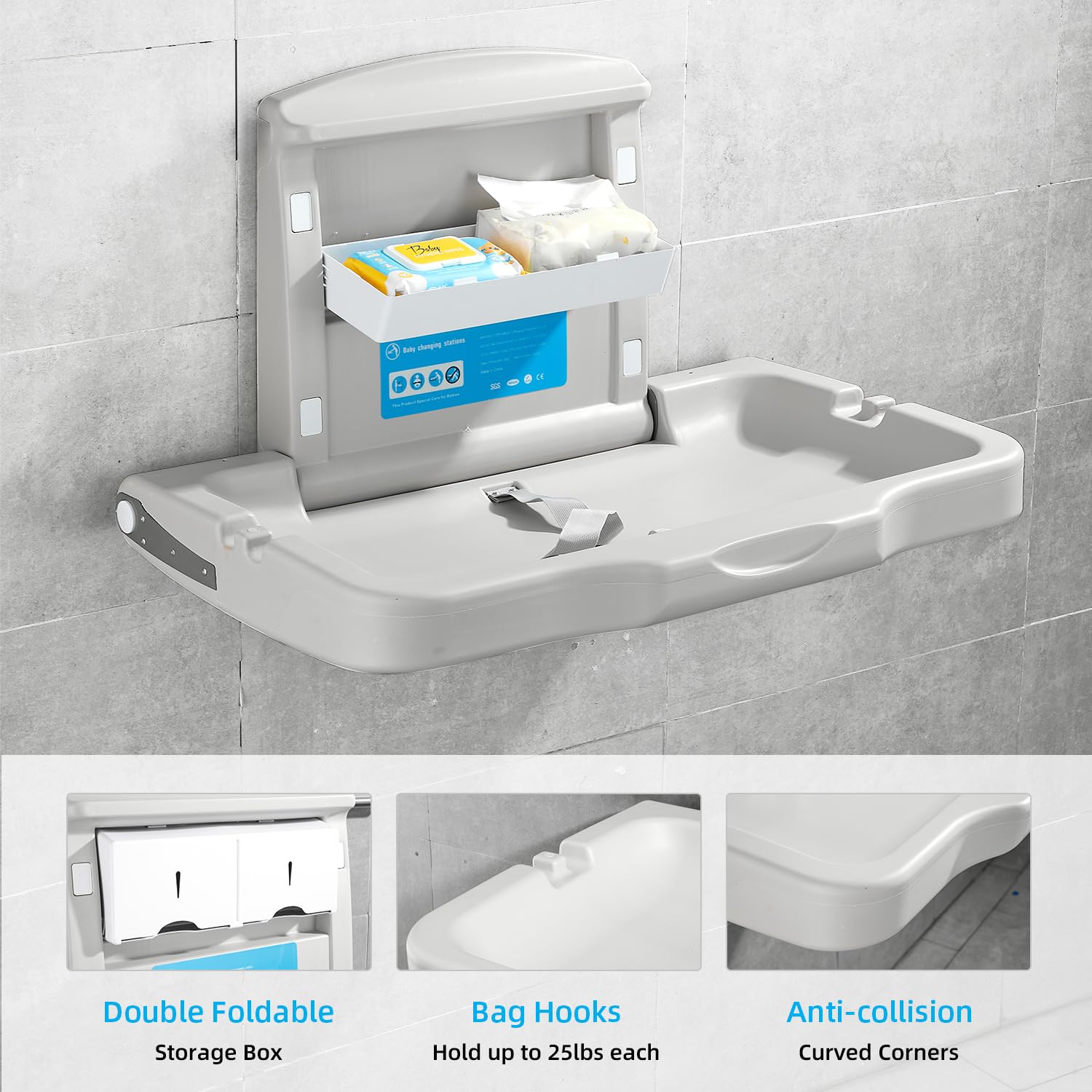 Fold-Down Baby Changing Diaper Station - Horizontal Wall Mounted, Sturdy & Durable with Safety Straps for Commercial Bathrooms, Granite