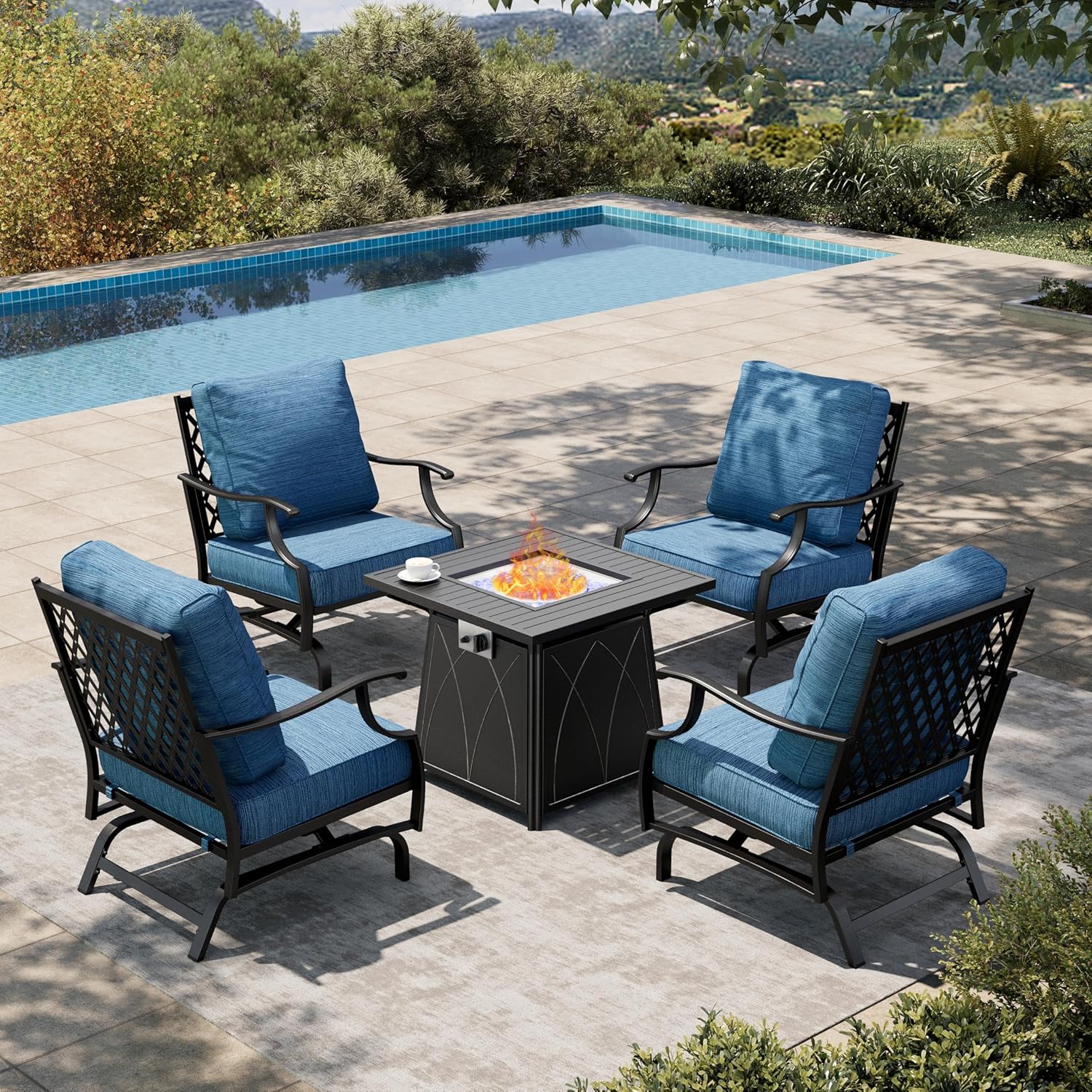 HERA'S HOUSE 5 Pieces Patio Furniture Set with Fire Pit Table, 4 x Thick Cushioned Rocking Chairs, 1 x 28 Fire Pit Table (50,000 BTU), Outdoor Conversation Set for Garden Backyard Lawn, Pacific Blue