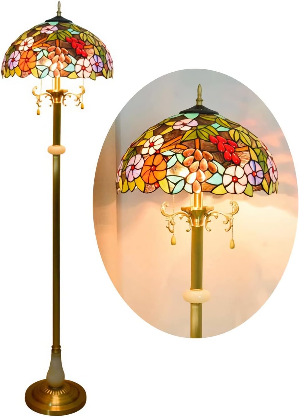 Tiffany-Style Floor Lamp, 16 Inch Grape Stained Glass Readlight, Vintage All Copper Base Standlamp for Bedroom Office